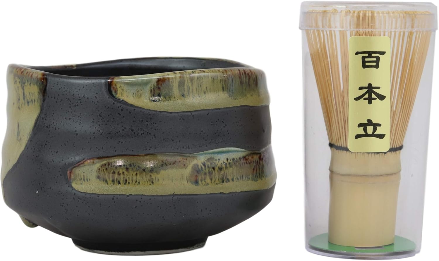 Ebros Gift Traditional Japanese Glazed Ceramic Pottery Matcha Tea Bowl 21oz Ceremony Set With Bamboo Whisk and Spoon 4 Piece Set Gift Ideas For (Green Earth Harmony)