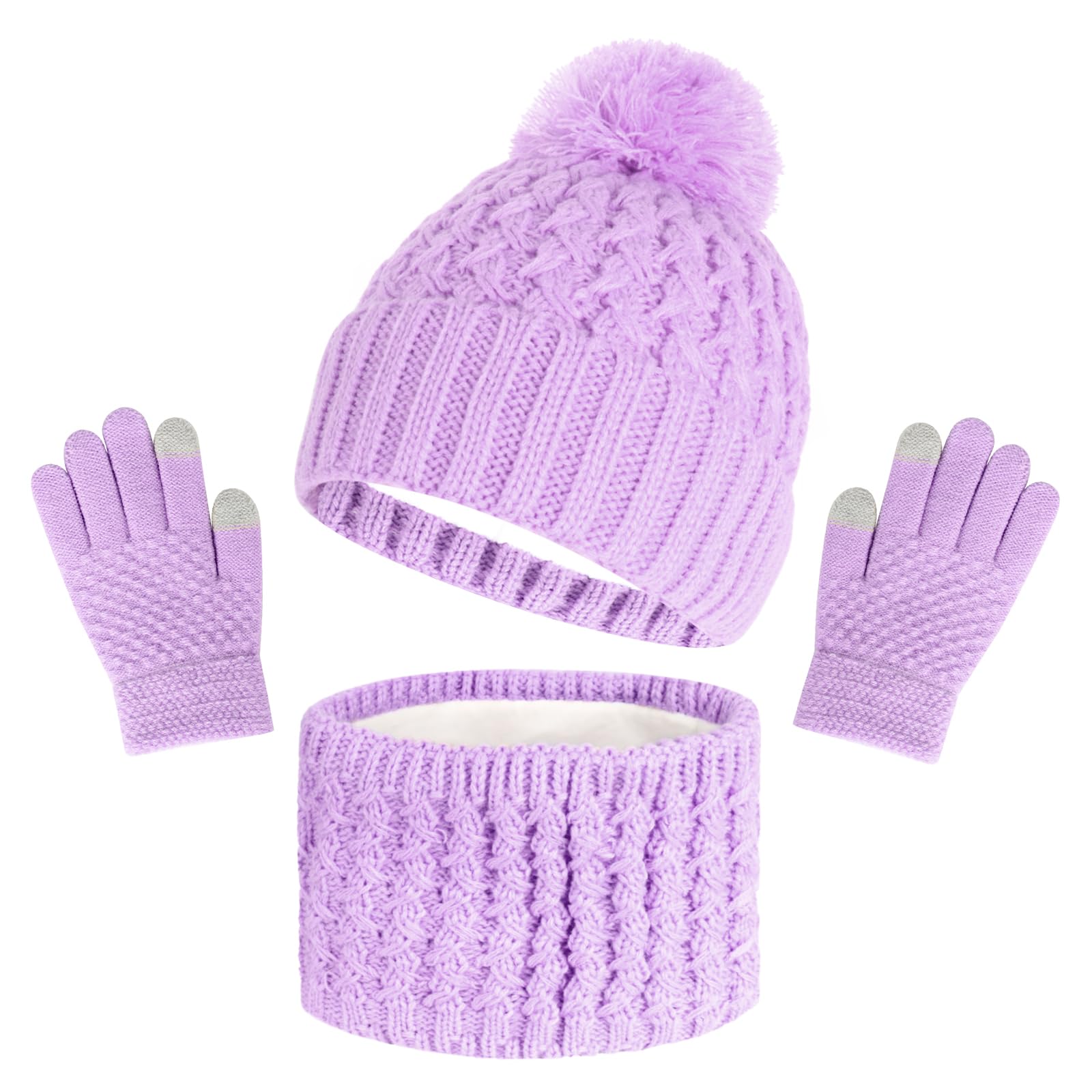 Kids Winter Beanie Hat Scarf Touchscreen Gloves Set, Fleece Lining Boys Girls Winter Hat Neck Warmer Gloves for 1-6 Years