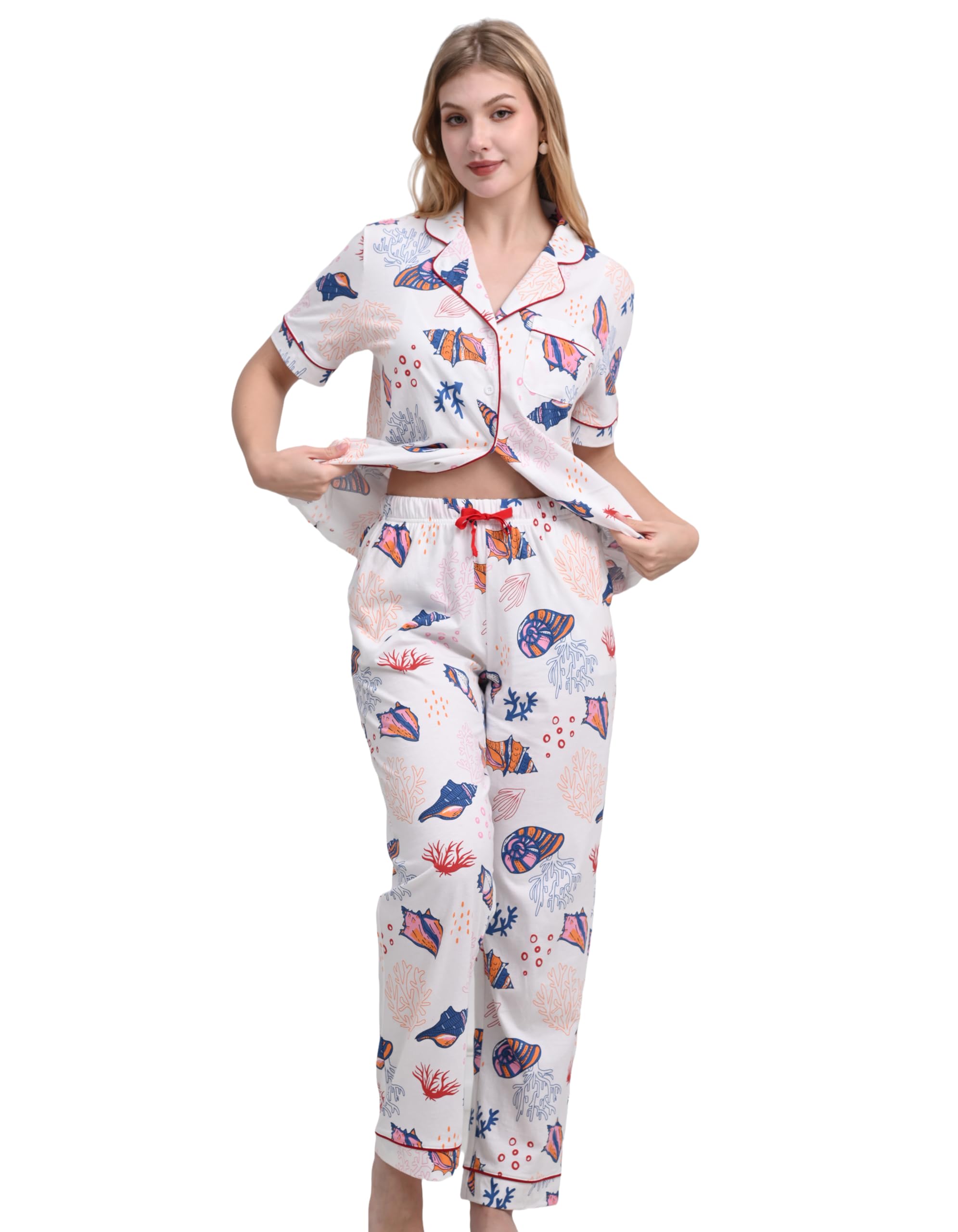 NAP BOUND 100% Cotton Women's Pajama Sets Short Sleeve Button Down Soft Pjs 2 Piece Lounge Set with Pocket Nightwear XS-XXL