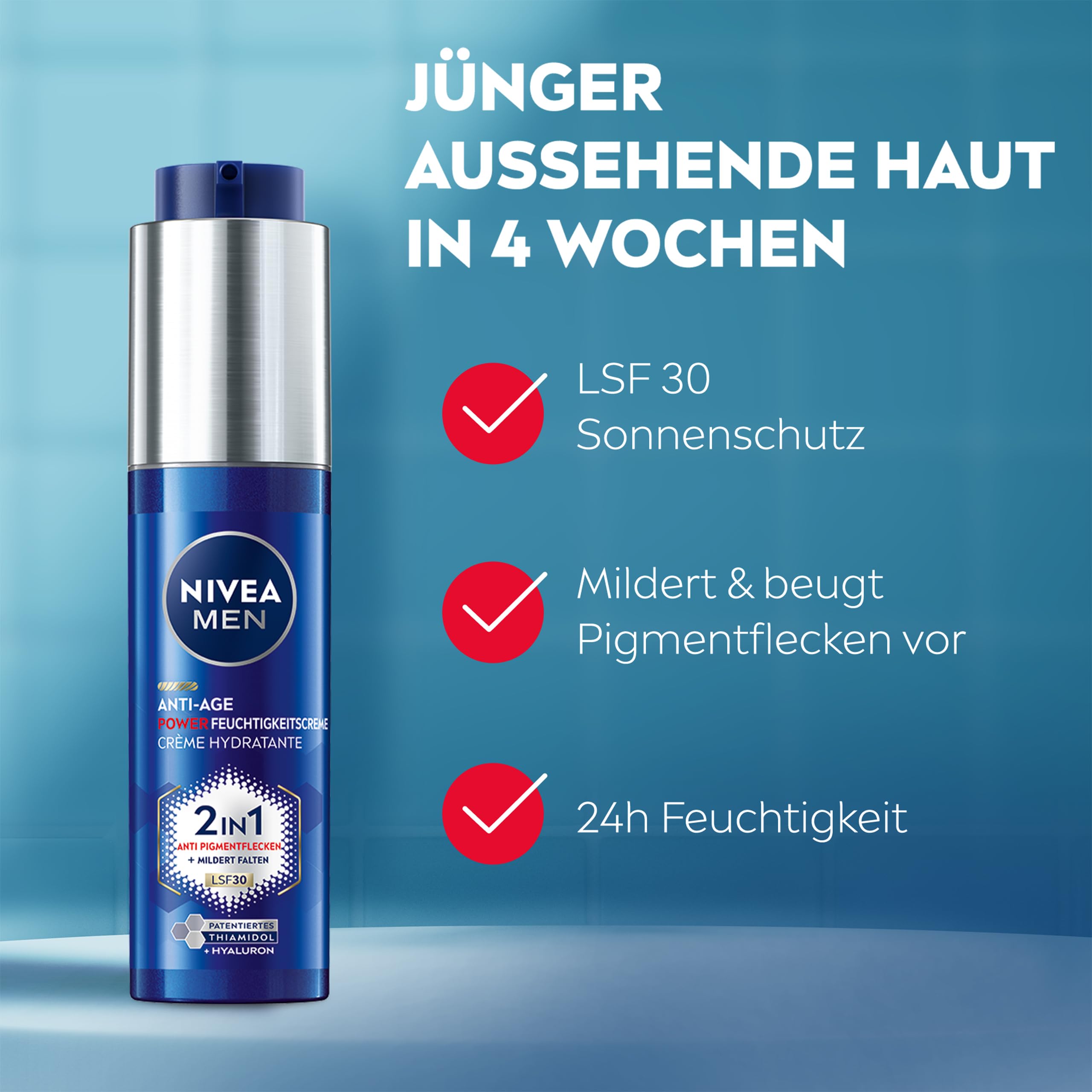 NIVEA MEN Anti-âge 2 en 1 Power Soins du jour avec SPF 30, soins du visage à l'acide hyaluronique pour hommes avec effet anti-âge, soins de la peau avec LUMINOUS630® contre les taches de vieillesse et