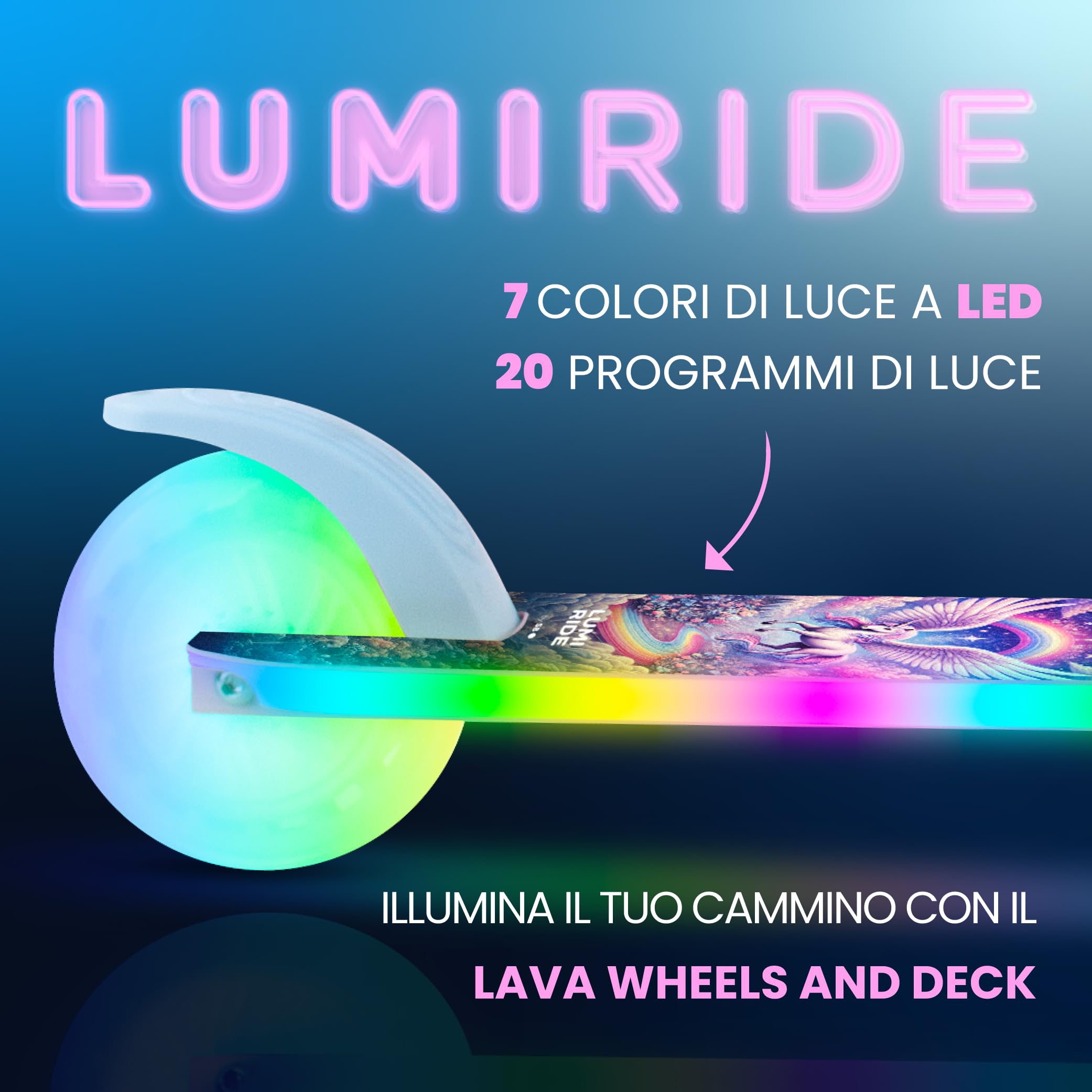 LUMI RIDE Monopattino Bambini 3 Ruote LED 3+ | LED a 7 colori con 20 programmi, manubrio regolabile, freno a pedale, maniglie removibili