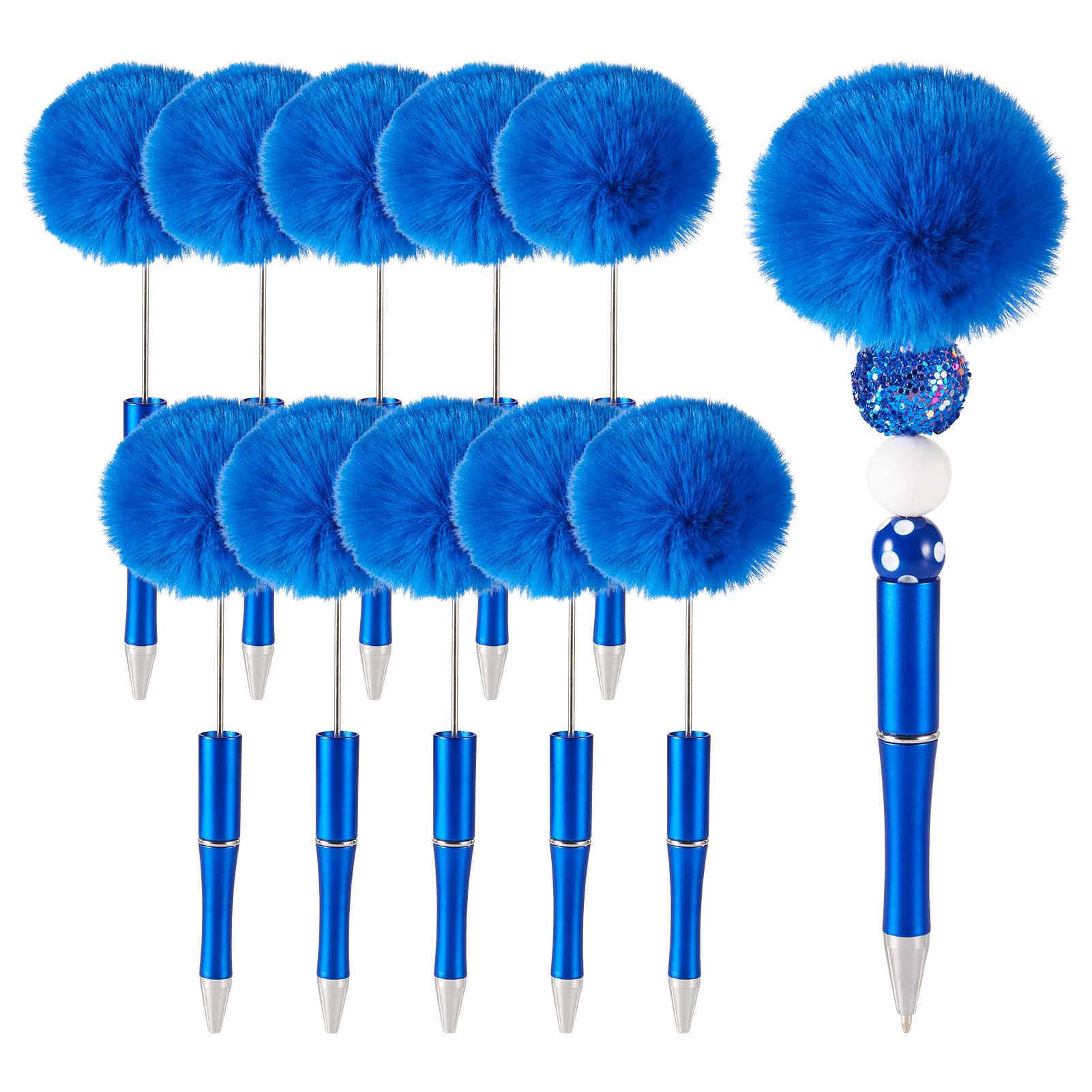 Beadthoven 10pcs Fluffy Beadable Pens, DIY Blue Pens Cute Fuzzy Pom Pom Pen Plush Ball Beaded Pens Plastic Bead Pens Shaft Black Ink Ballpoint Pens