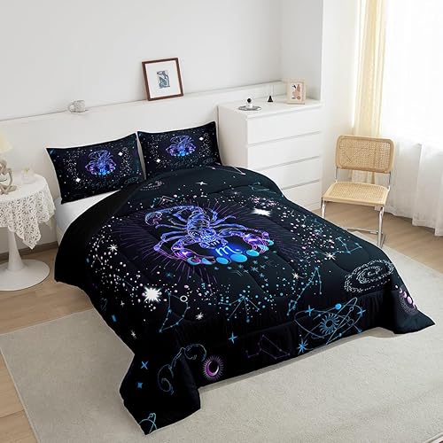 Miniatura 5 de Erosebridal Juego de ropa de cama Queen Trippy Cosmos de Escorpio, juego de ropa de cama de nebulosa azul neón y colección de edredón de plumón de
