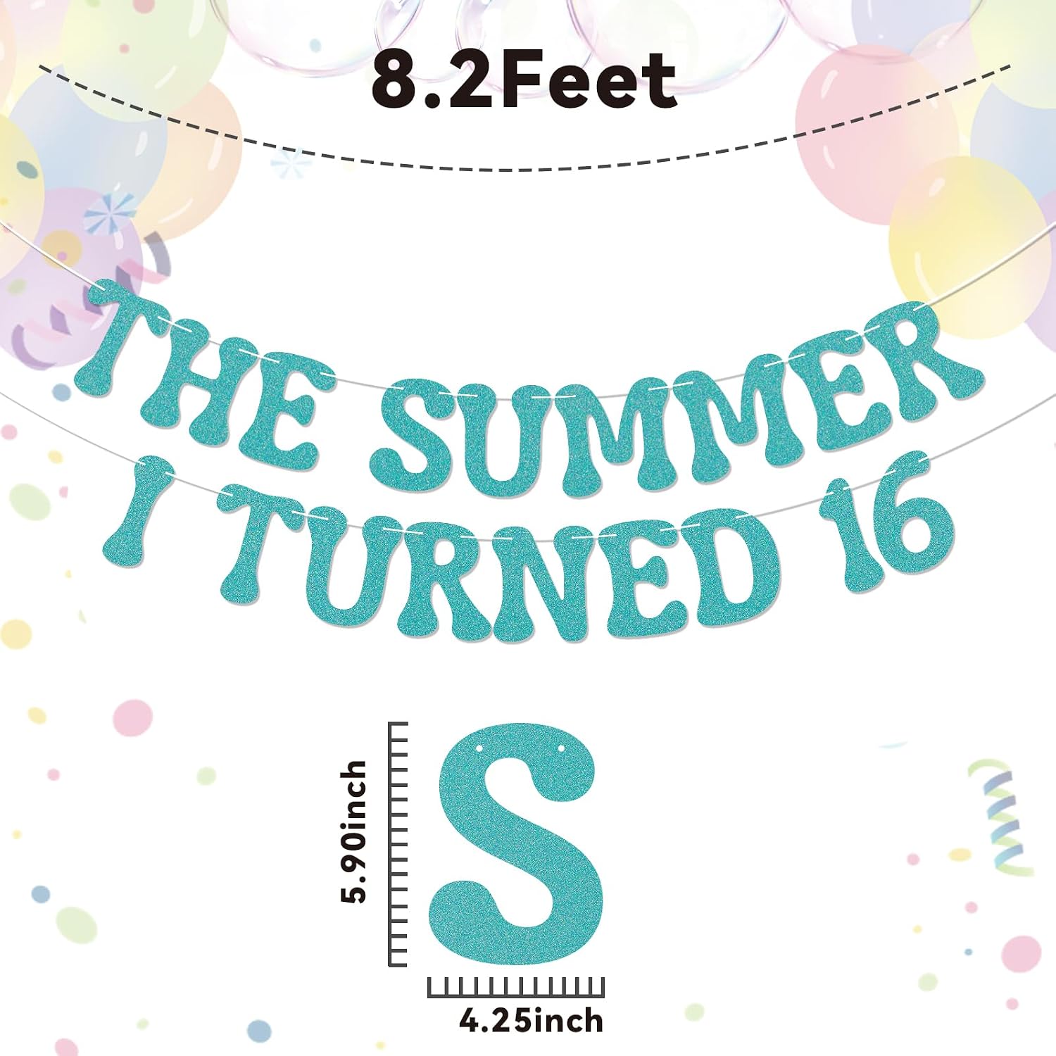 The Summer I Turned 16 Banner - Happy Sweet 16 Sign, Cheers to 16 Years, Summer Beach 16th Birthday Party Decorations Blue Glitter image 2