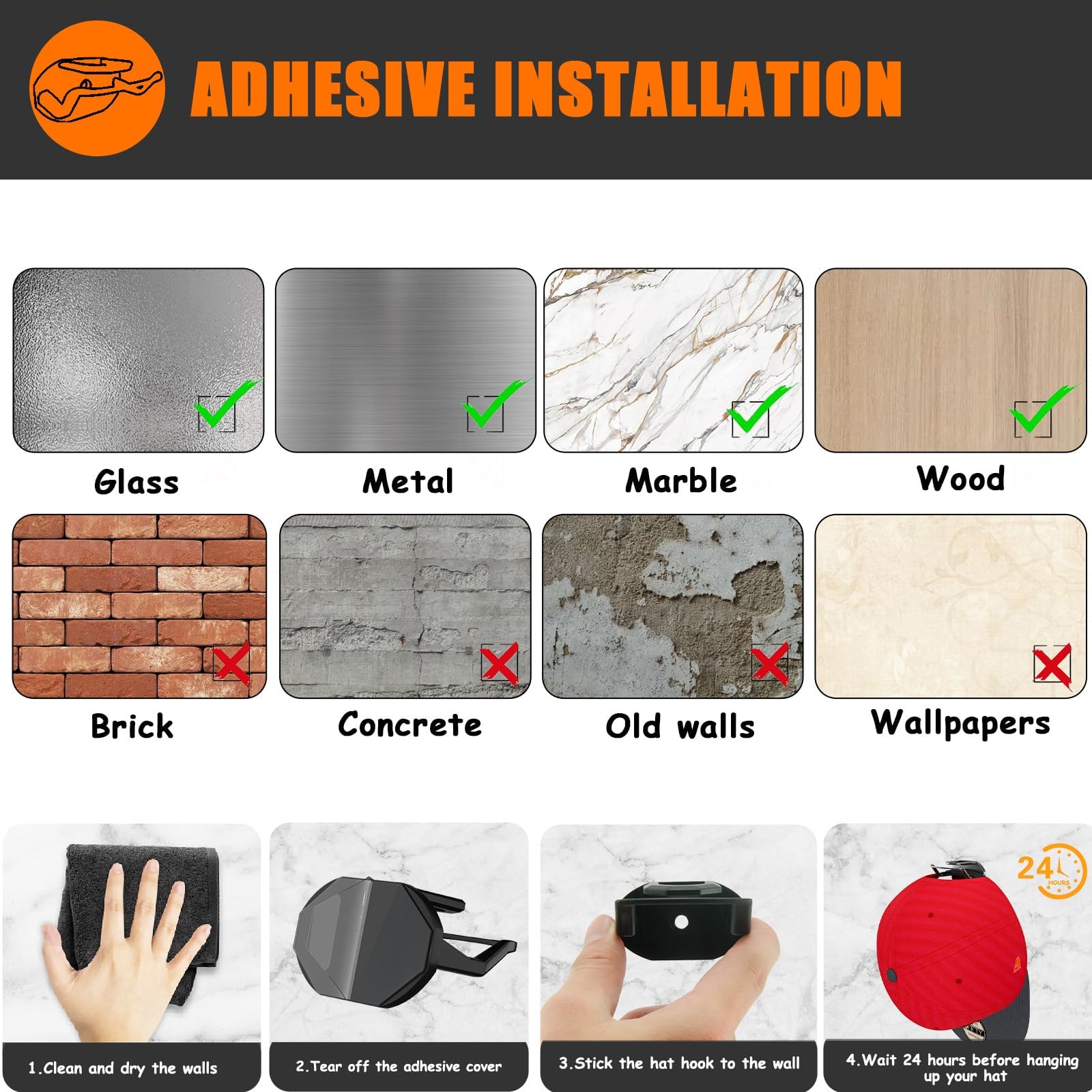 Sistema Porta Cappelli Adesivo - 24 Appendiabiti per Cappelli Senza Foratura, Soluzione Compatta per Porte, Armadi e Stanze (nero, Adesivo Forte)