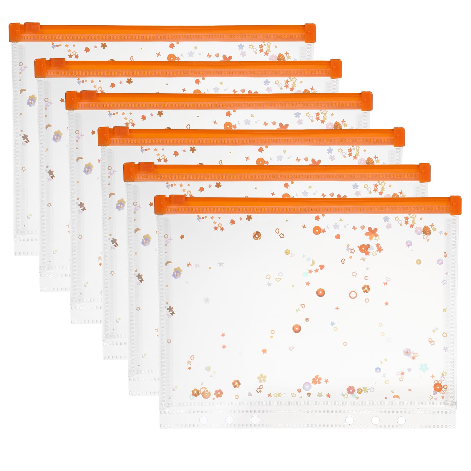 PATIKIL 6Pcs A5 Plastic Binder Zipper, Binder Pockets 9 x 7 Clear Envelope Folders Planner Waterproof Pouch Filing with Sequin Decor for Document Notebook Card Organizer, Bright Orange