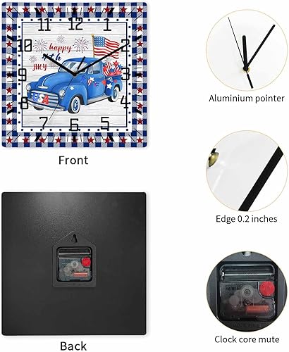 Miniatura 4 de Happy 4th of July Wooden Wall Clock Silent Non Ticking, Blue Truck American Flag on Wood Square Wall Clock Battery Operated, Decor Clock for Home