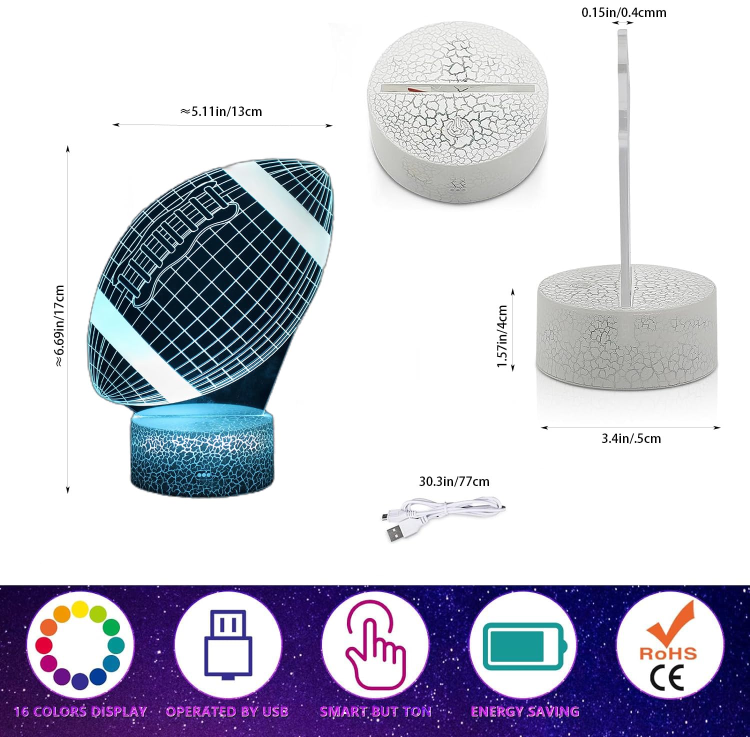 Luce Notturna per Bambini 3D Rugby Sport Lampada a LED Con