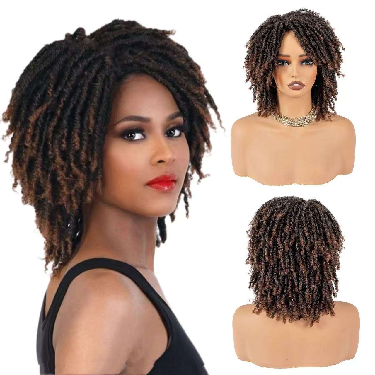 Short Dreadlock Wig for Women and Men, Synthetic Afro Twist Braided Wigs Faux Locs Hair Full Machine Made Glueless Curly Wigs Ombre Orange Color T350