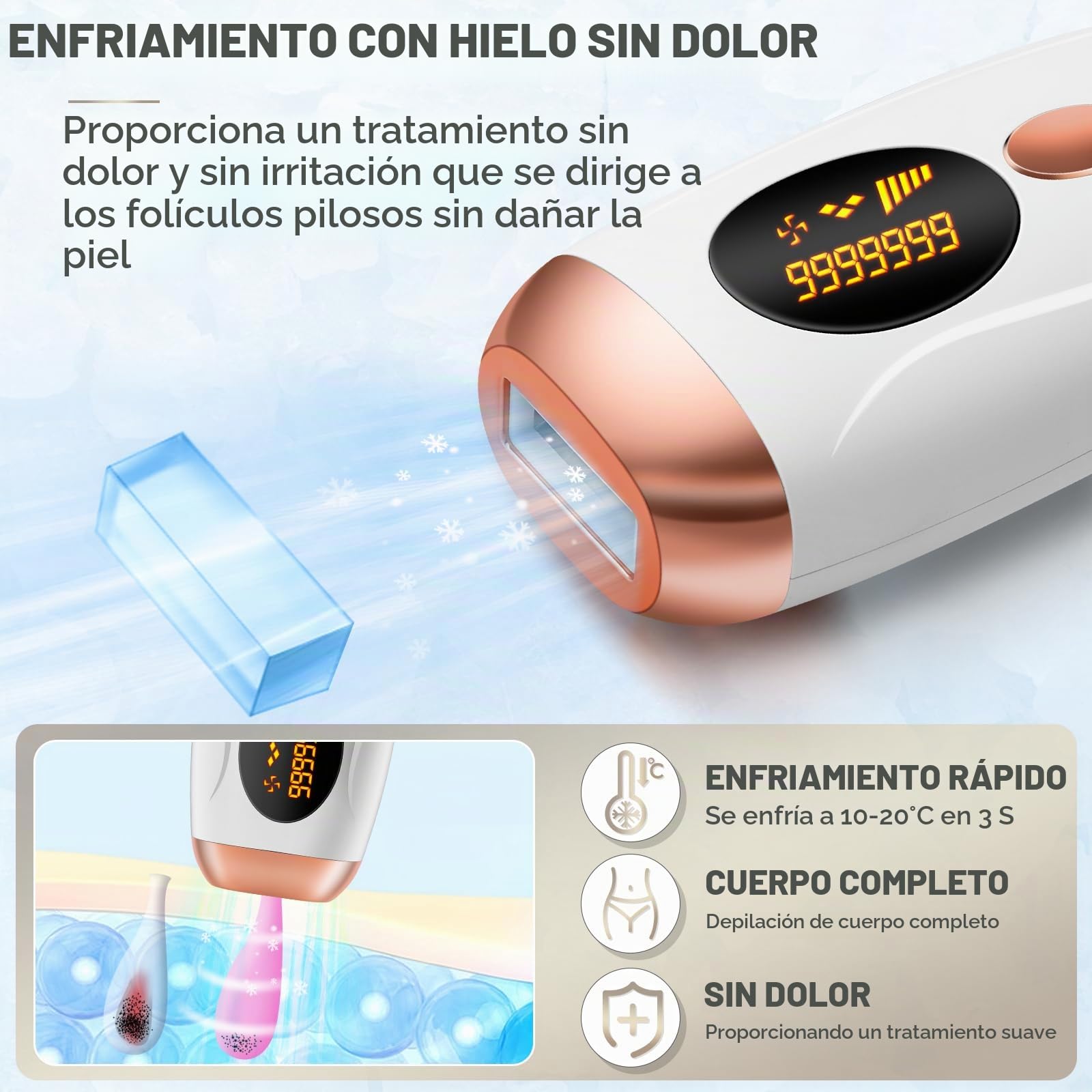 Depiladora IPL Laser con Función de Enfriamiento, 999,999 Flashes, 5 Niveles de Energía, Depilación Permanente para Hombres y Mujeres, Depiladora Luz Pulsada Para Piernas, Bikini, Axilas, Cara