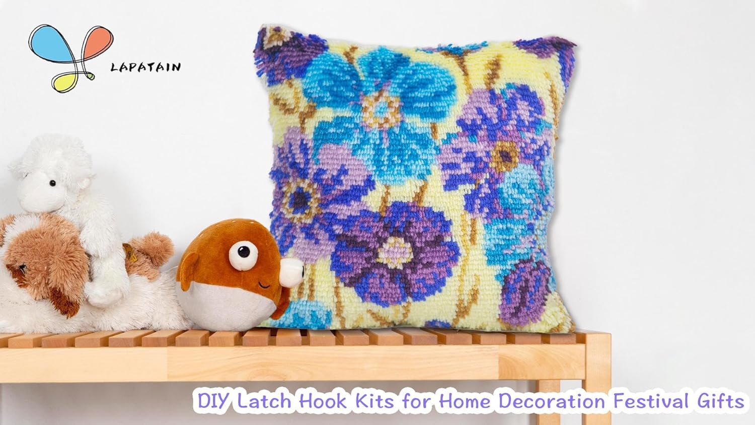LAPATAIN Latch Hook Kits for DIY Throw Pillow Cover,Purple Flowers Pattern Needlework Cushion Cover Hand Craft Crochet for Great Family 17x17inch