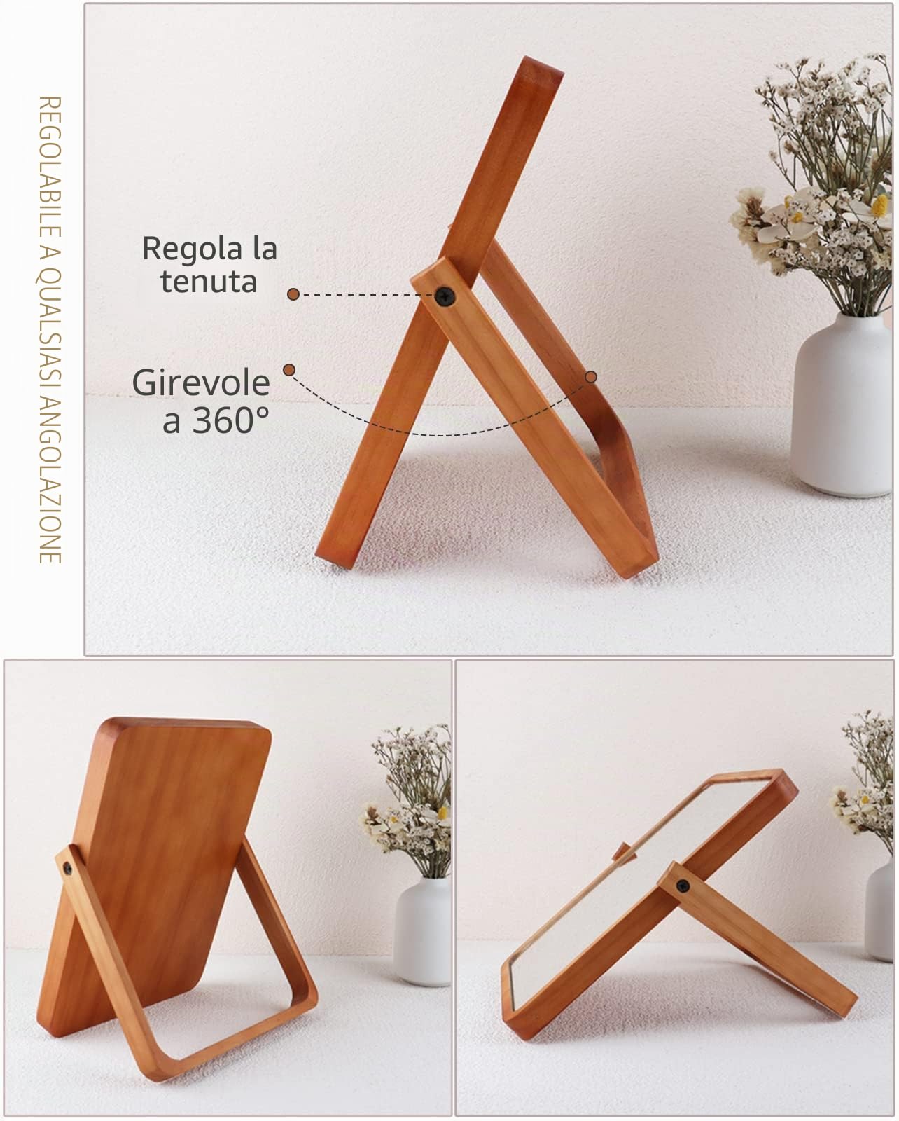 Specchio da Tavolo per Trucco, Specchio Legno Rustico Decorativo - Rettangolare Rosso Marrone
