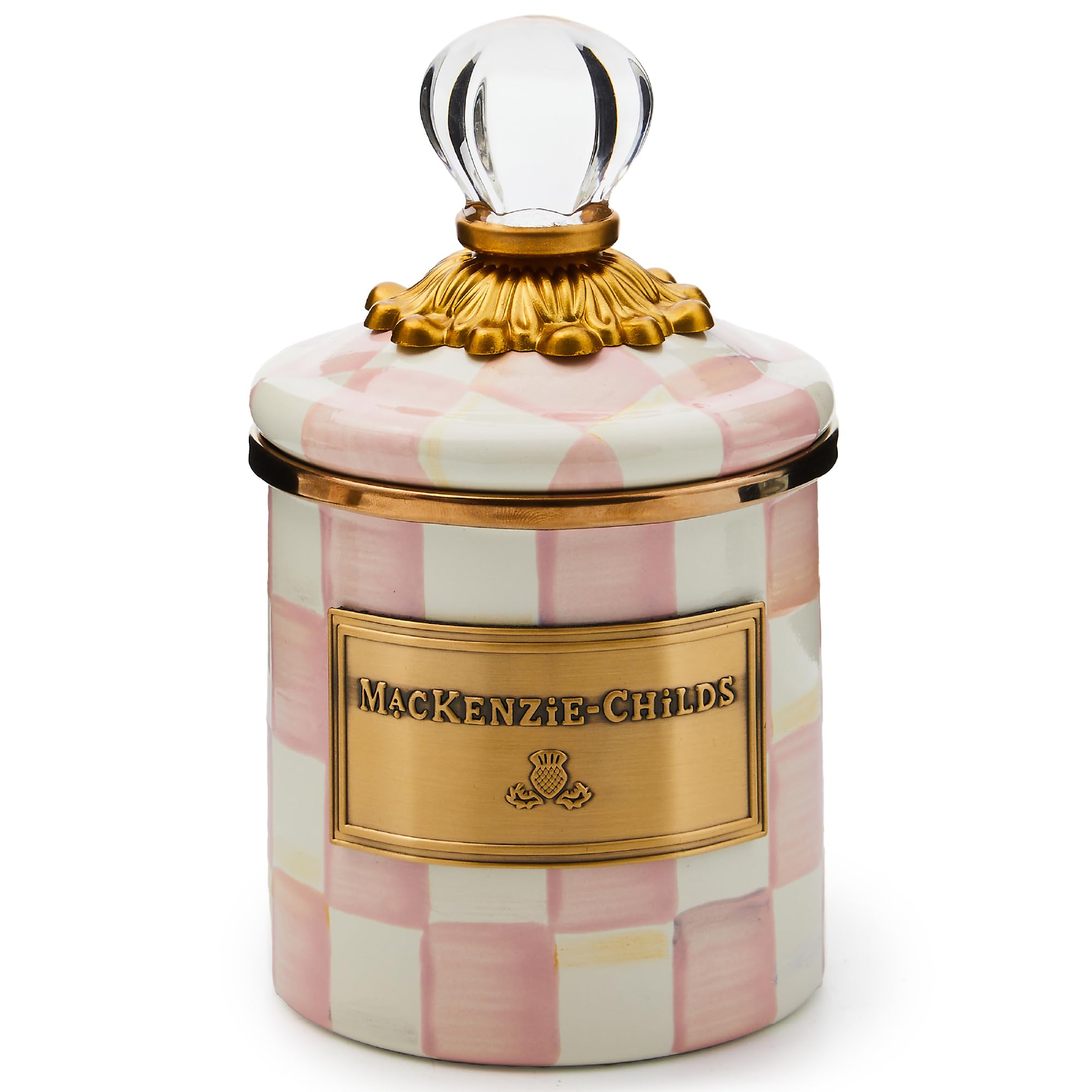 Rosy Check Enamel Canister, Pink-and-White Kitchen Storage Container with Lid, Mini