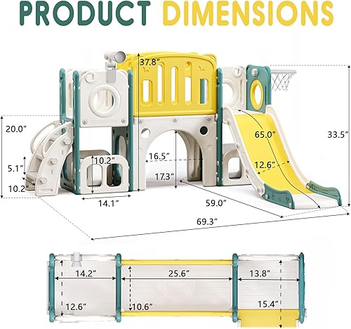 Miniatura 10 de Tobogán para niños pequeños para interiores y exteriores, 3 en 1, plegable, fácil de instalar, con aro de baloncesto y pelota, tobogán independiente