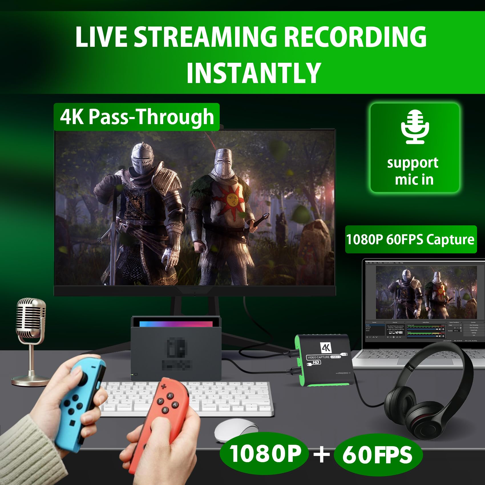 Tarjeta de captura 1080P 60FPS para Nintendo Switch, tarjeta de captura HDMI USB 3.0 PS5 con entrada y paso 4K30Hz, tarjeta de captura de juego para transmisión, tarjeta de captura de video para PS4