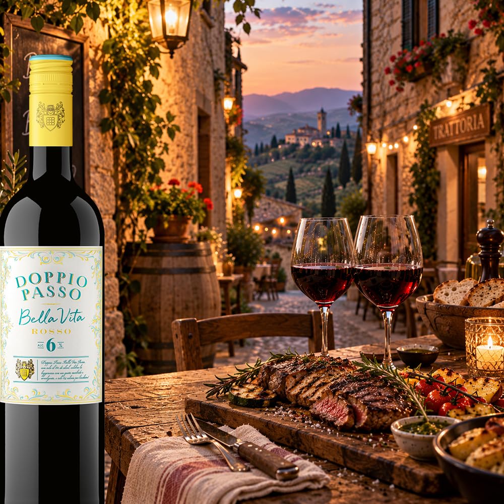 Doppio Passo Bella Vita Rosso, lieblich, sortenreines Weinpaket + VINOX Winecards (6x0,75l)