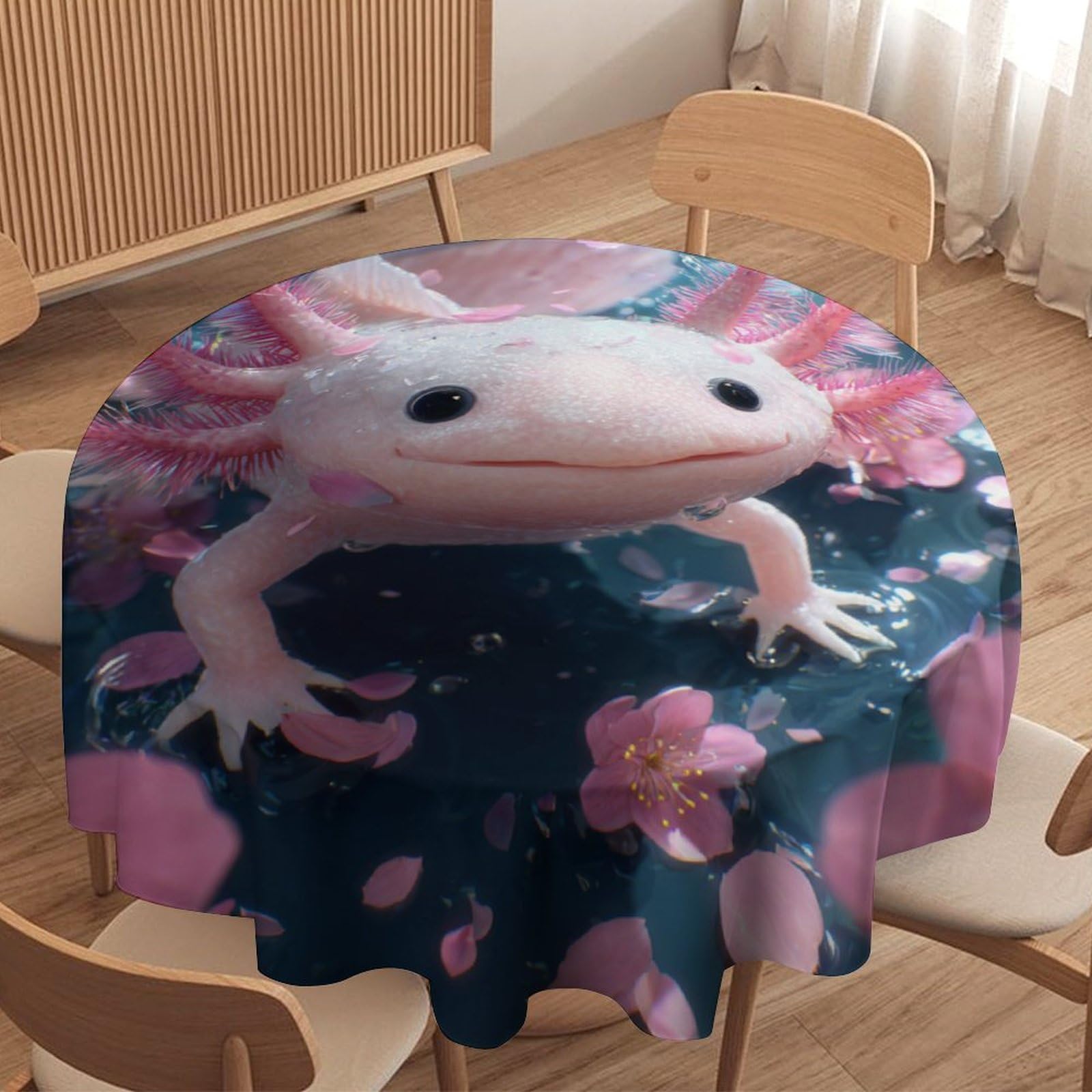 LUYYSKY Colorful Abstract Cute Axolotl Round Tablecloth Rustic Watercolor Japanese Anime Cherry Blossom Animal Axolotl Washable Decor for Table Cover for Kitchen-91.4" Wx91.4 L cm