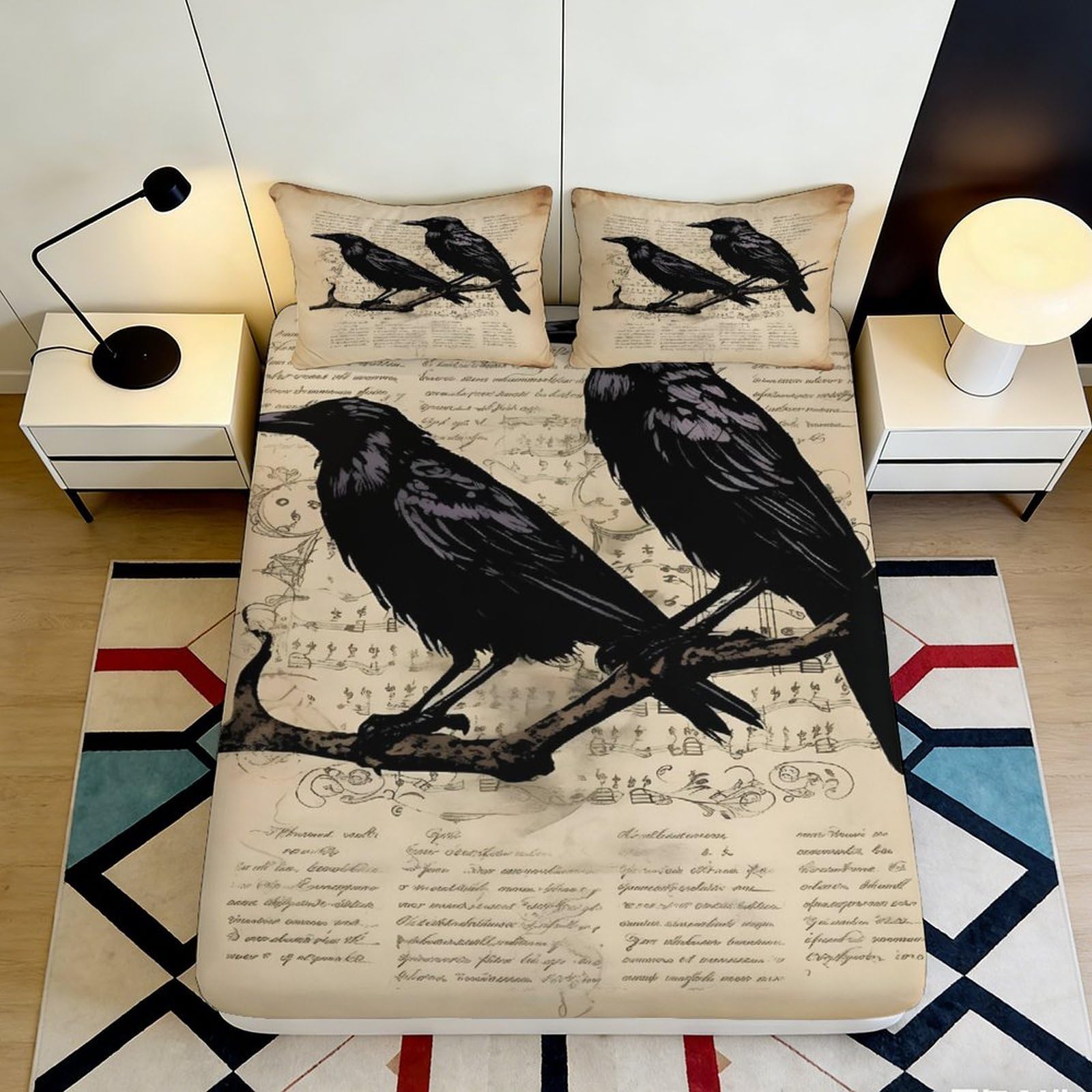 3D Printed Vintage Raven Fitted Sheet Microfiber Soft Gothic Bird Bed Cover for Bedroom Guest Room Decor Protection 90x200x25cm