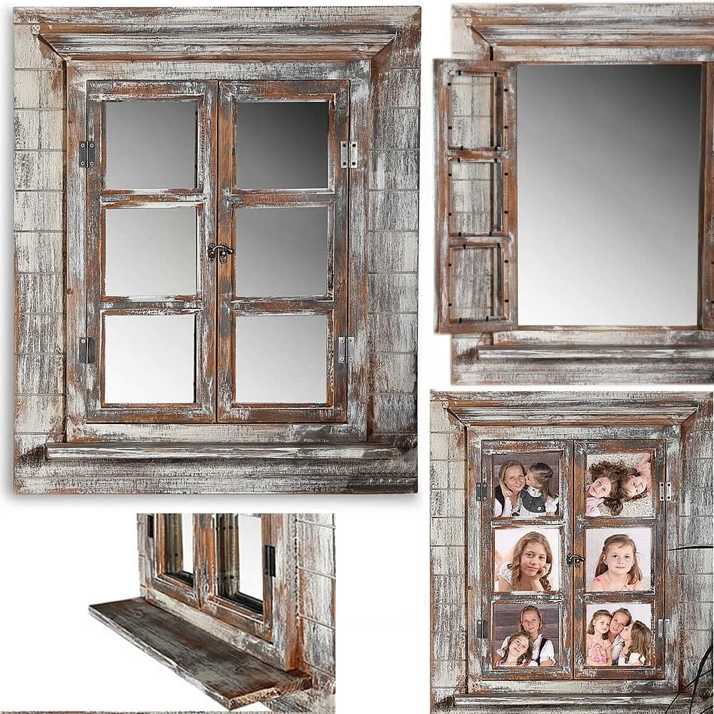 Melko Miroir mural, avec volets, 64 x 54 cm, fenêtre miroir shabby chic, avec étagère, portes de fenêtre, utilisable comme cadre photo, 13 x 13 cm