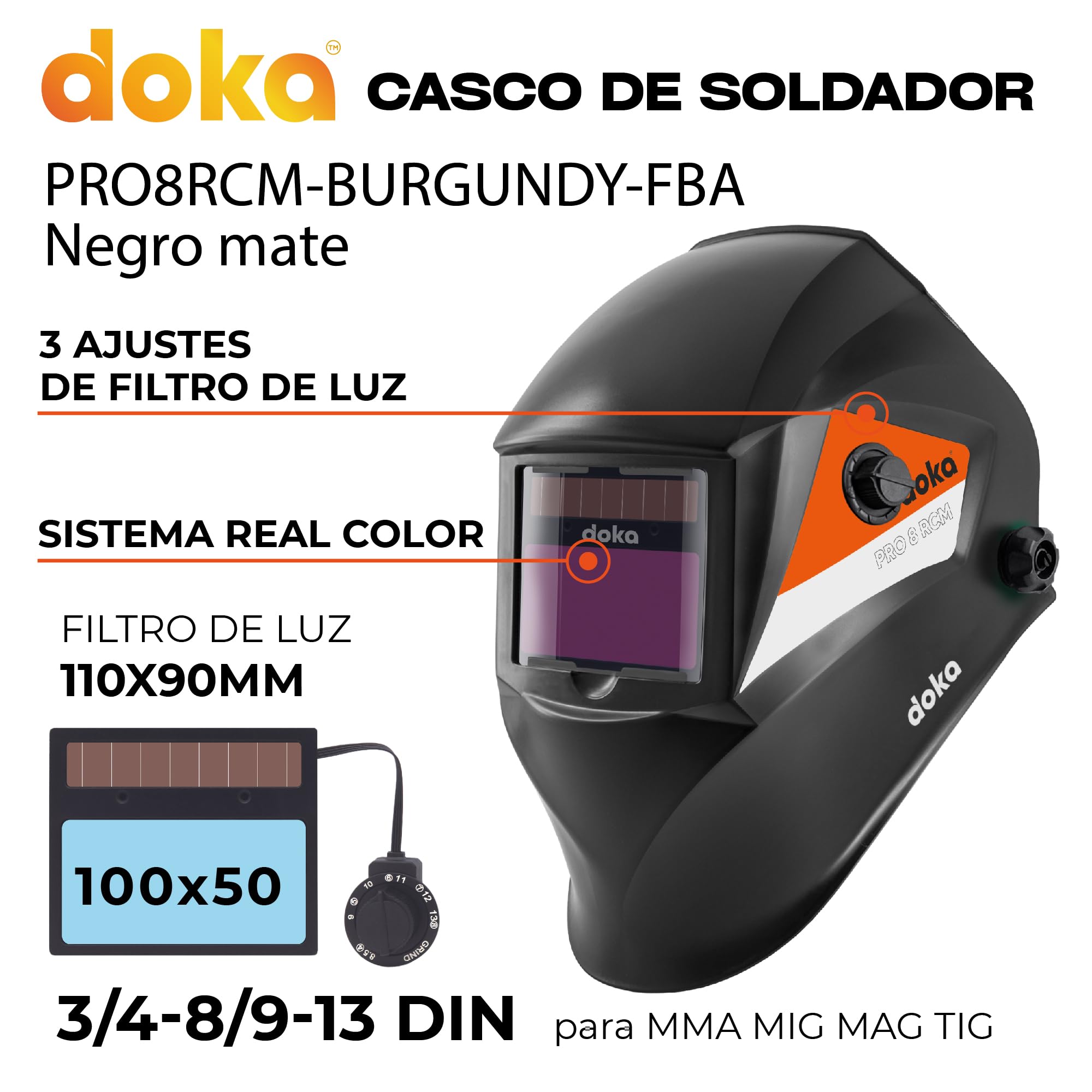DOKA Careta Soldar Automatica 100x50 mm DIN 16 DIN 3/4-8/9-13 Real Color Mascara Soldar Mascara Soldar Automatica Mascara Soldar Mascara de Soldar MMA|MIG|mag|TIG|ARC Careta de Soldar Careta PRO8