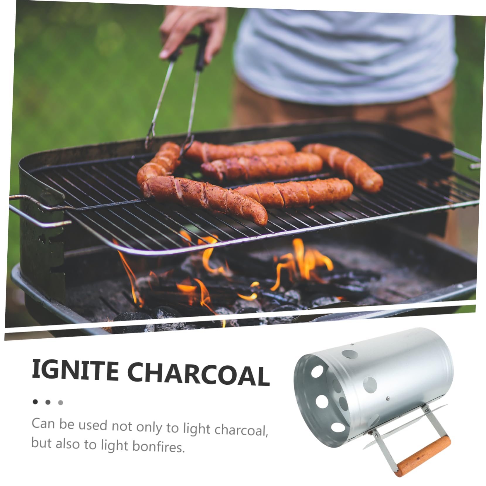 Accenditore Carbone Barbecue in Acciaio Inox con Manico in Legno | Argento, Design Portatile e Leggero, per Picnic e Grigliate All'aperto