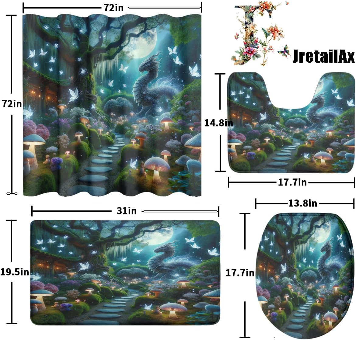 Fantasy Enchanted Forest Dragon 4 Piece Shower Curtain Sets,Fairytale Forest Spring Garden Mushrooms Butterflies Non-Slip Rugs,Toilet Lid Cover and Bath Mat,Durable and Waterproof,for Bathroom