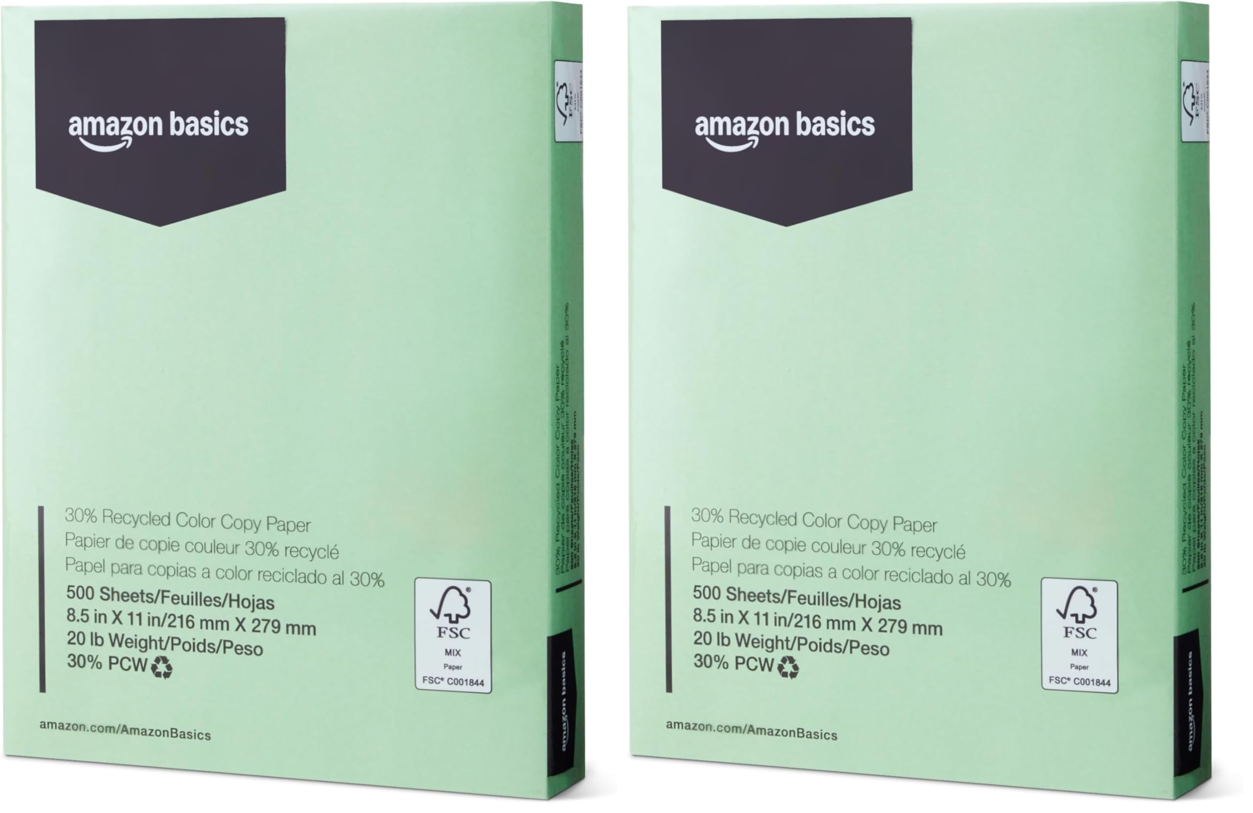 Amazon Basics 30% Recycled Color Copy Paper, 8.5" x 11", 20lb, Pastel Green, 500 Sheets (Pack of 2)