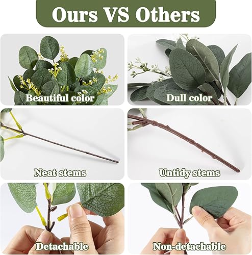 Miniatura 4 de Sukh 10 tallos de eucalipto artificiales, hojas de eucalipto de vegetación sintética con semillas blancas, ramo de eucalipto de dólar para centros