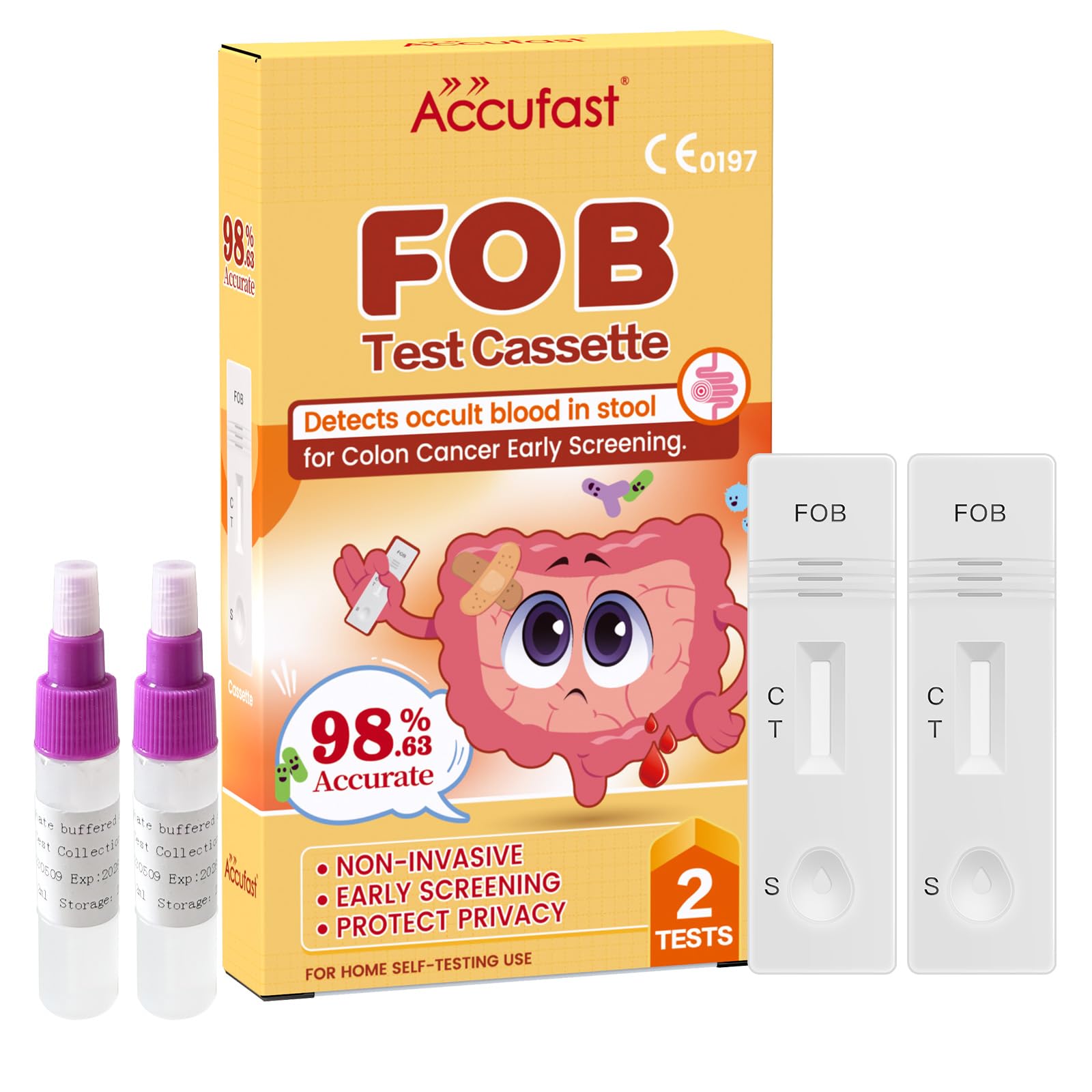 Accufast 2X FOB Test - Colon Faecal Screening Test Kit, Fecal Occult Blood Rapid Test Cassette, Occult Blood in Stools Home Testing, FOB Bowel Health Test Kit for Detecting Bowel Cancer