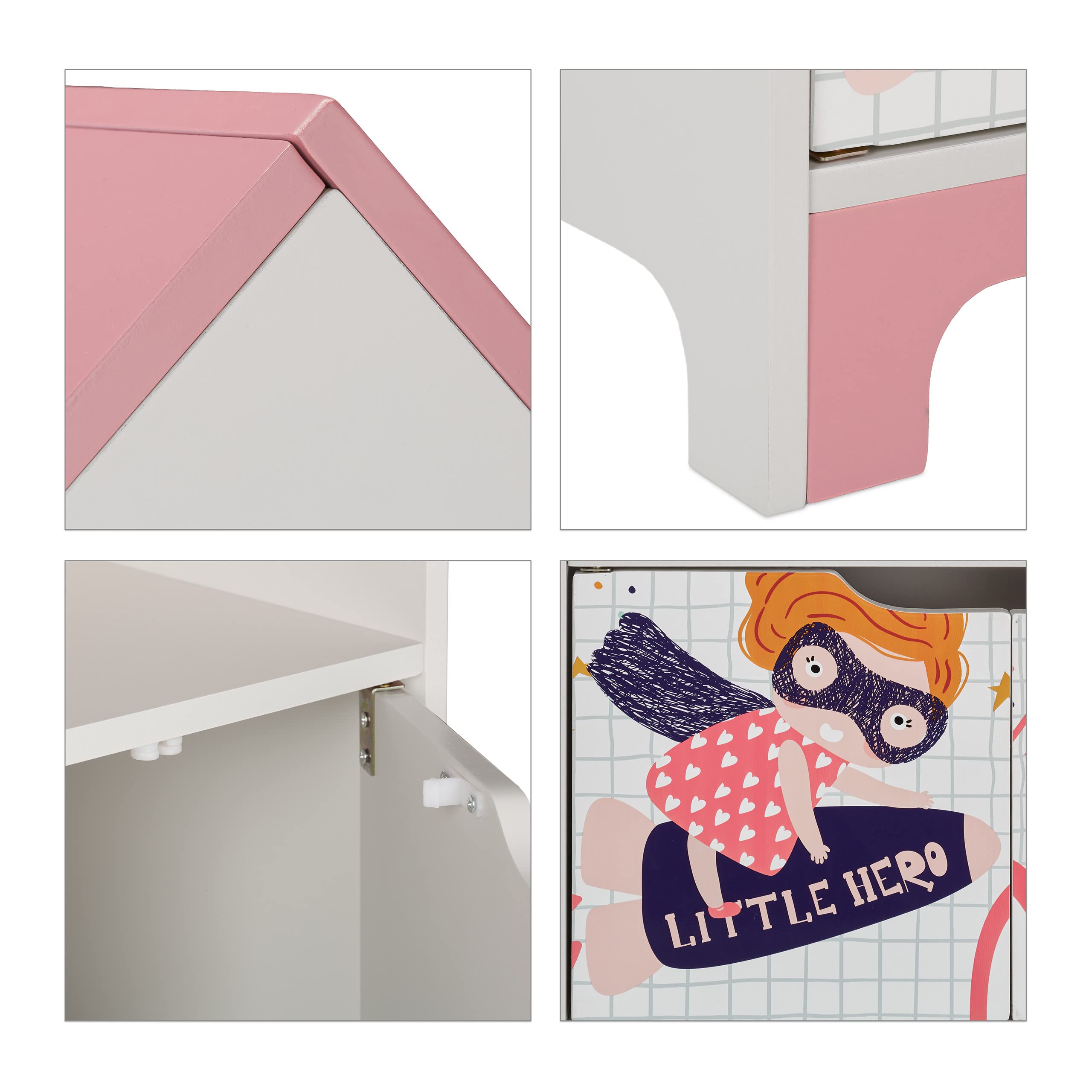 Relaxdays Scaffale Portagiochi, Motivo Super Woman, Cameretta Bambini, con 4 Scomparti e Ante, 93x63x28 cm, Bianco Rosa