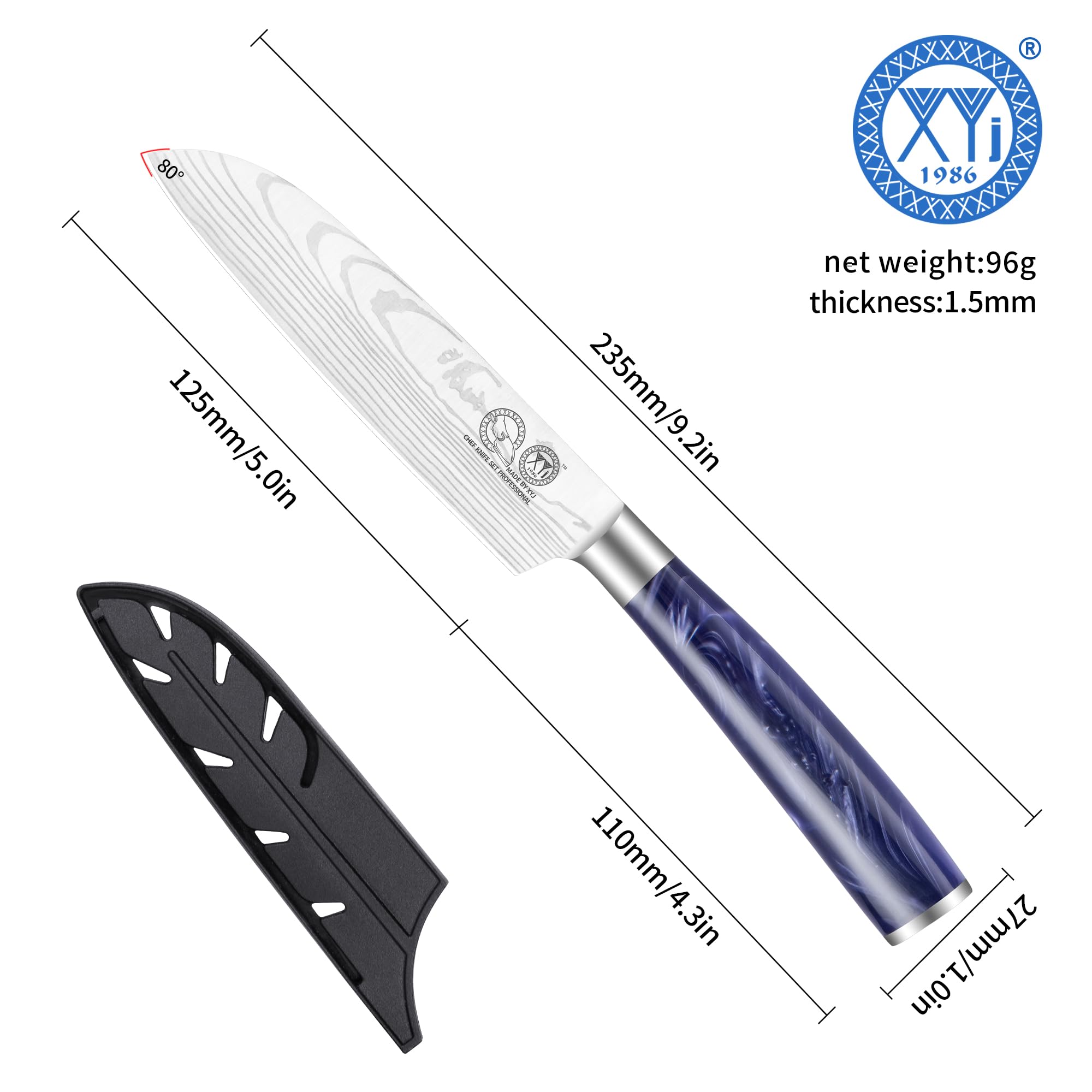 XYJ Coltello da Cucina Professionale, Coltello Santoku Giapponese da 5 Pollici in Acciaio Inossidabile, Motivo Laser Damacus, Coltello da Carne per Cucina, Campeggio e BBQ, Coltello con Coperchio