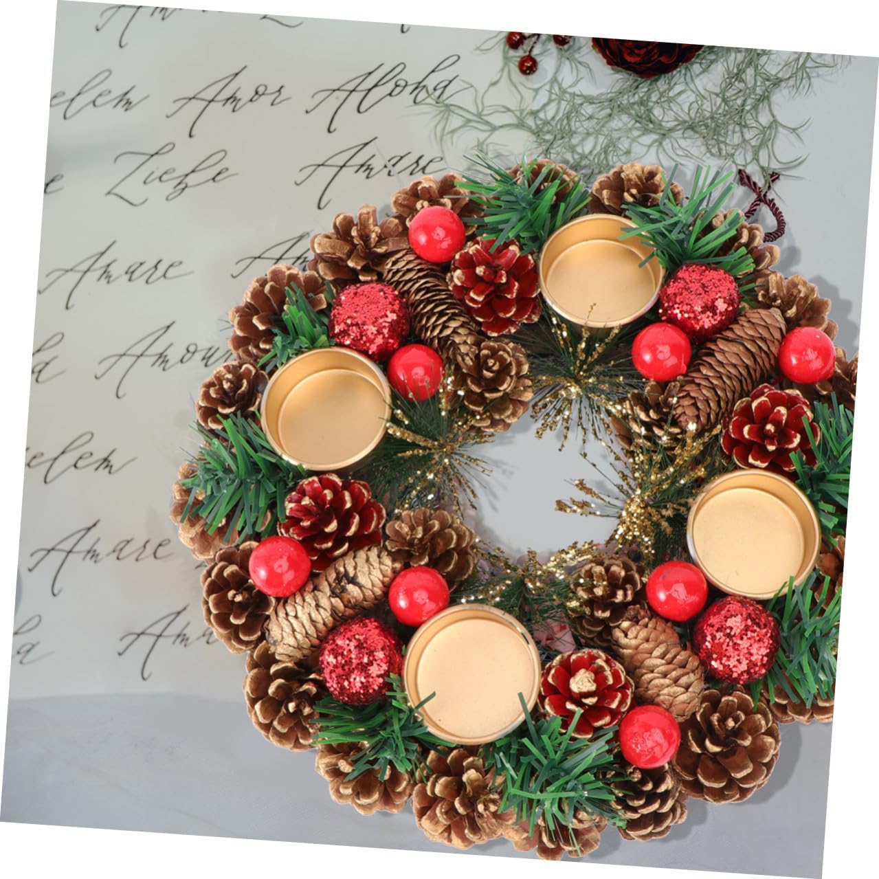 Homoyoyo Christmas Candleholder with Handmade Garland 27cm Decorative Christmas Ornament Candlestick Decor for Holiday Home Seasonal Decoration