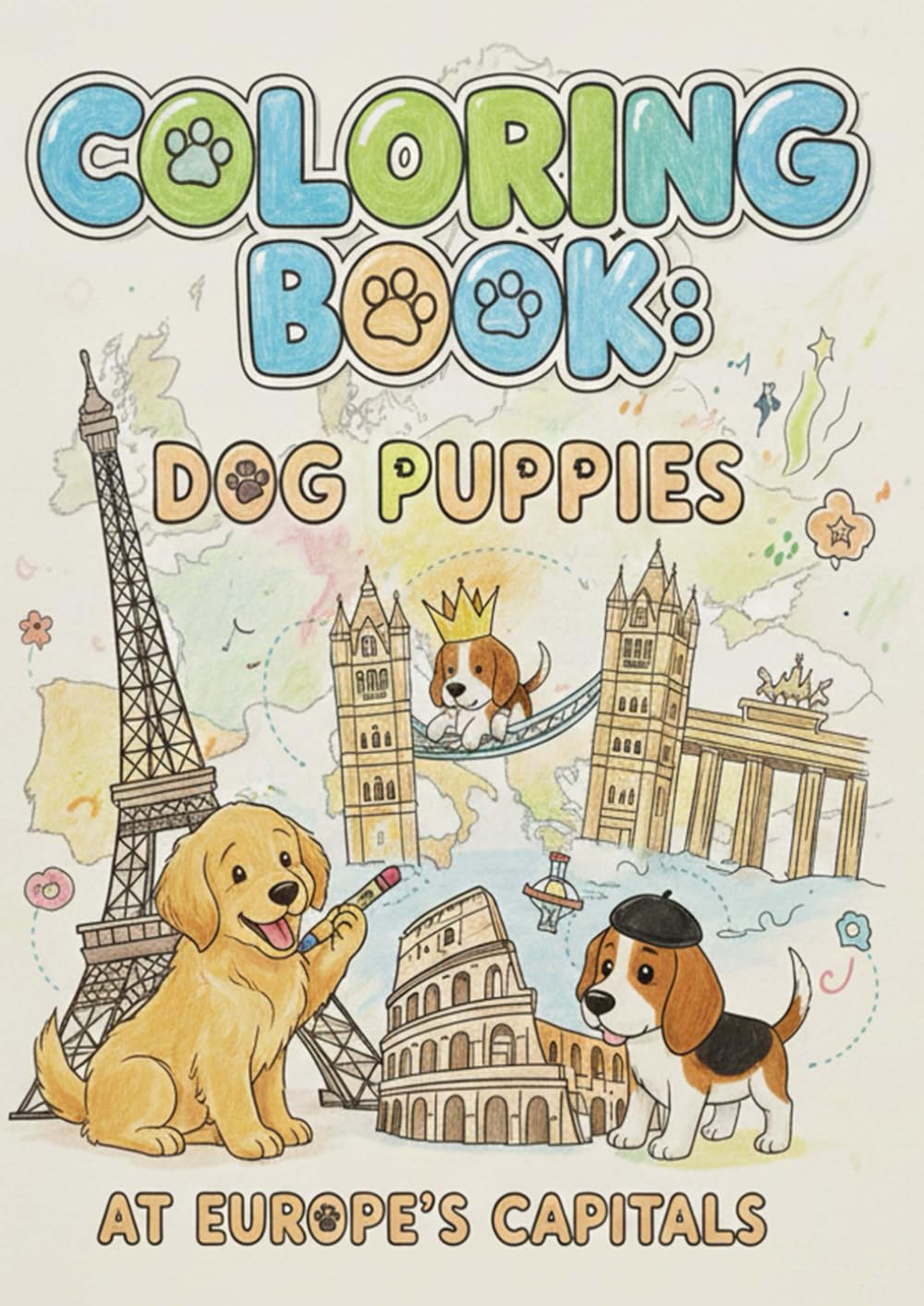 Coloring book: Dog puppies at Europe`s capitals
