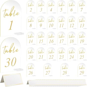 30 Sets Arch Wedding Table Numbers with Stands Gold Printed 1-30 Table Signs Clear Acrylic Table Number Display Stand for Wedding Reception Party Centerpieces Decor 4 x 6 Inch