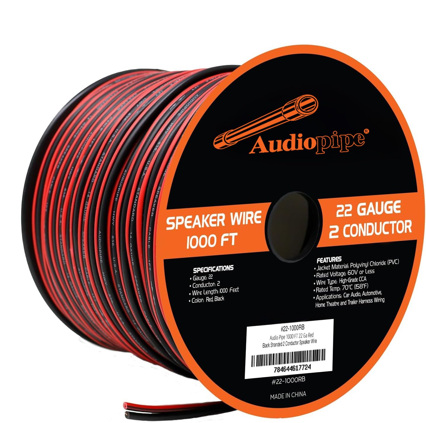Amazon | Audiopipe 22ゲージ 1000フィート レッドブラックスピーカー