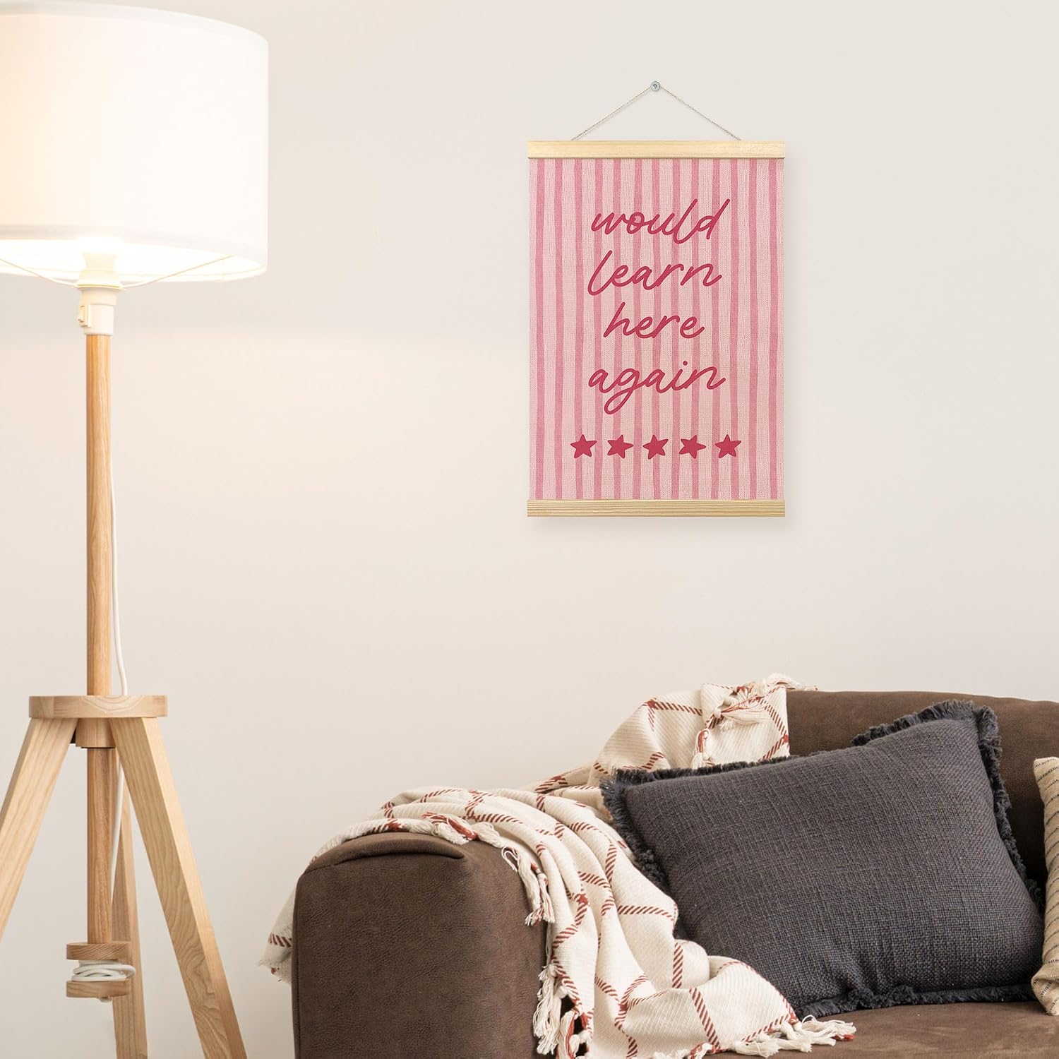 TLESKE Pink Funny Classroom Wall Art Poster, Would Learn Here Again Wall Decor Hanging Poster with Hanger Frame for Classroom Homeschool, Retro Pink Striped Wall Prints Picture Framed Banner, 12x16