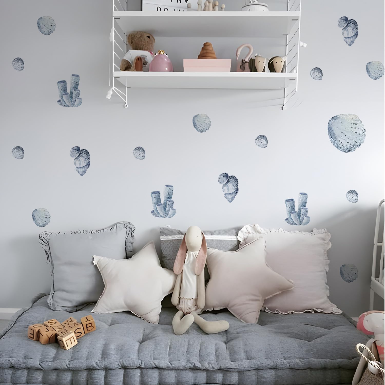Alwayspon Watercolor Light Blue Shell Art Wall Decals, Peel and Stick Wall Stickers for Living Nursery Room Bedroom Wall Decor