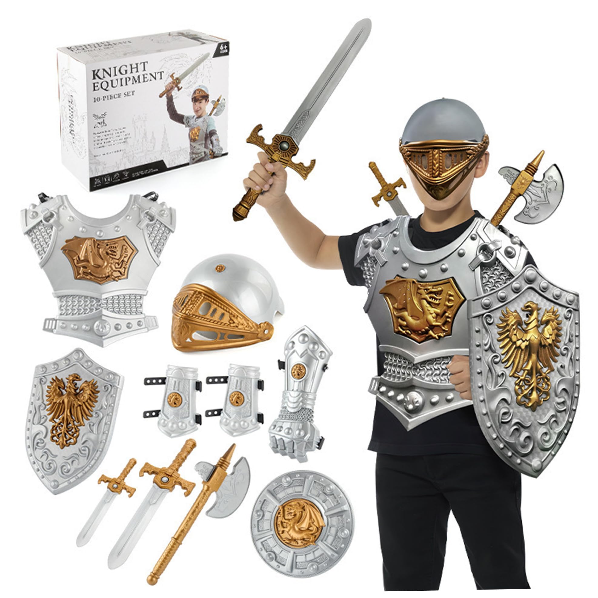 Costume da cavaliere per bambini 10 pezzi/set Armatura simulata da cavaliere medievale include casco, scudo, spade, ascia e altri costumi da vestire per bambini per giochi di ruolo, cosplay, feste di