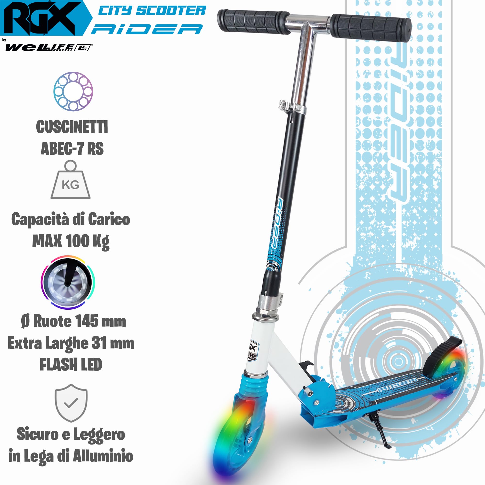 WeLLIFE Rider Monopattino Pieghevole per Bambini e Ragazzi, Urban Scooter in Alluminio con Ruote LED da 145 mm, Manubrio Regolabile in 3 Altezze, Freno a Pedale, fino a 100 kg