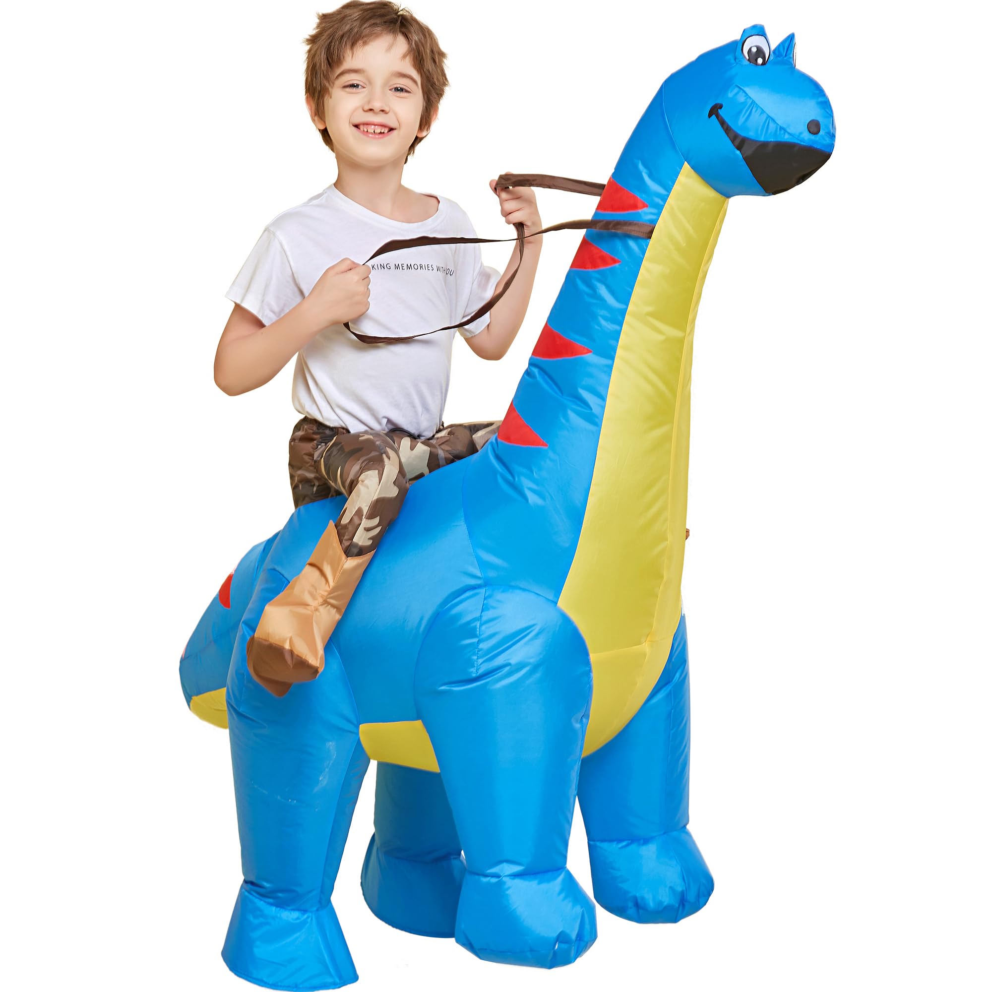 One Casa Inflatable Dinosaur Costume Riding Diplodocus T Rex Air Blow up Funny Party Halloween Costumes for Kids (5-7Yrs)