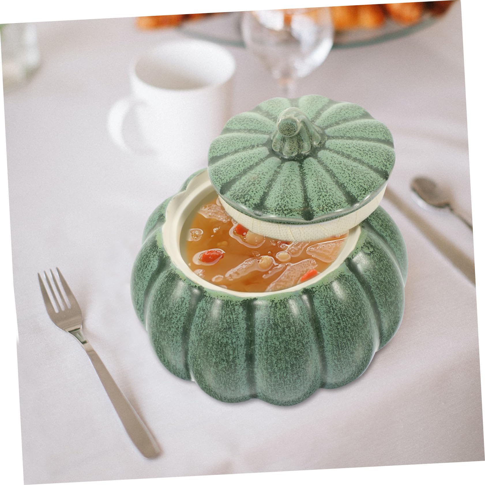 Cuenco de Cerámica con Tapa para Sopa y Guisos Diseño Calabaza Recipiente Decorativo para Cocina y Condimentos Superficie Lisa y Fácil Limpieza Ligero y Portátil para Uso Doméstico