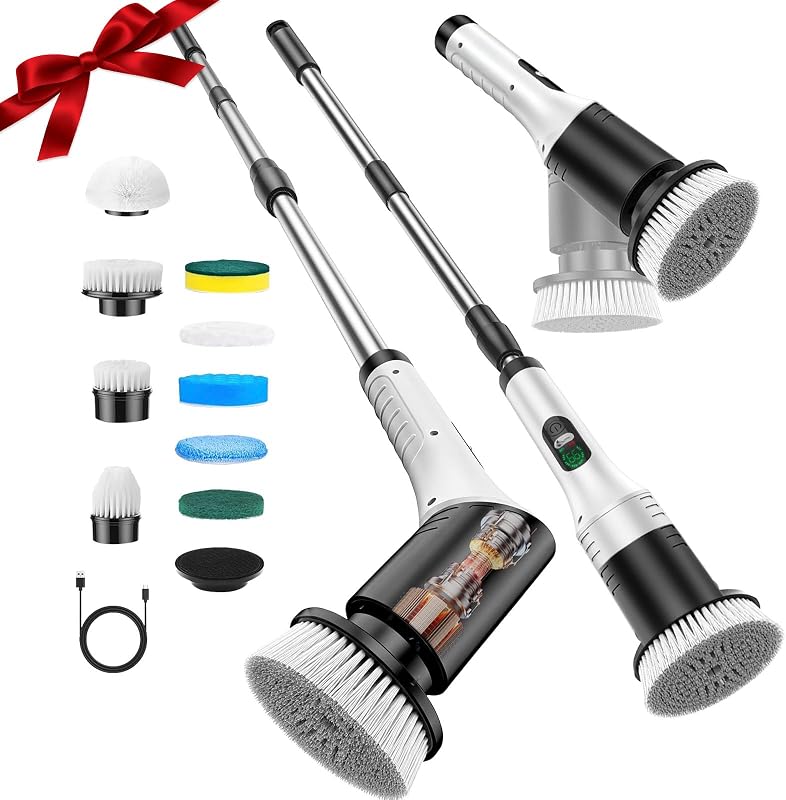 Electric Cleaning Brush, 9 in 1 Electric Brush with Interchangeable Drill Brush Heads, 2000mAh, Electric Clean Brush with Adjustable Handle, for Bathroom, Kitchen, Floor, Cordless