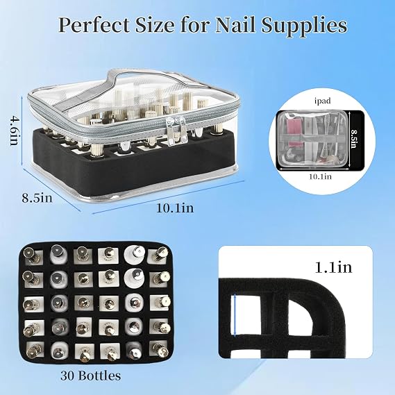 Clear Nail Polish Organizer,Holds 30 Bottles PVC Nail Polish Organizer Case Manicure Tools Nail Polish Storage Portable Nail Tech Travel Bag for Nail Supplies(Sliver)