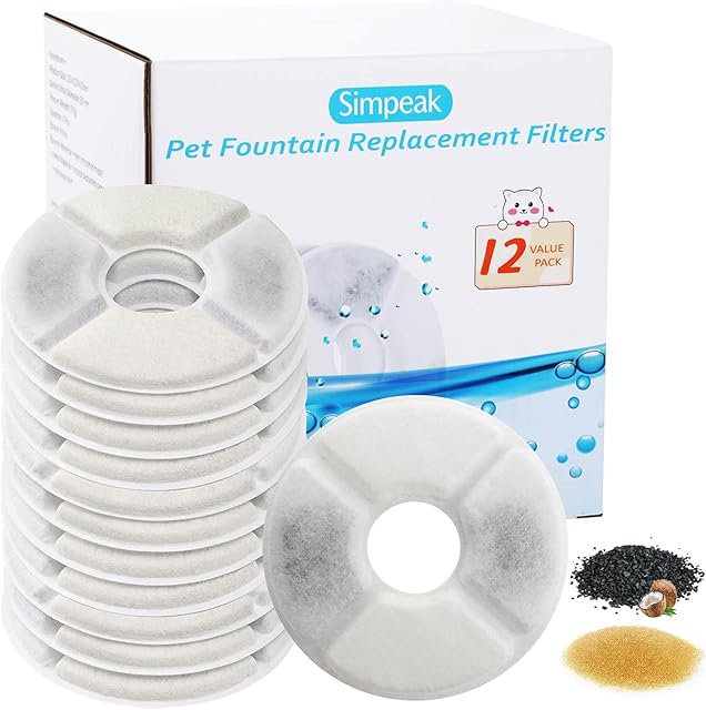 Simpeak Cat Fountain Filters [12 Pack], Replacement Filters for Drinking Fountains for Cats and Dogs, Cat Fountain Replacement Filters Contain Activated Carbon and Ion Exchange, Round