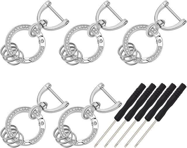 WEBEEDY 5 Pack Bling Car Keychain Rhinestones Universal Key Chain Ring Clips with D-Ring Metal Car Keychains Accessories for Women Men Girls Ladies (Silver)