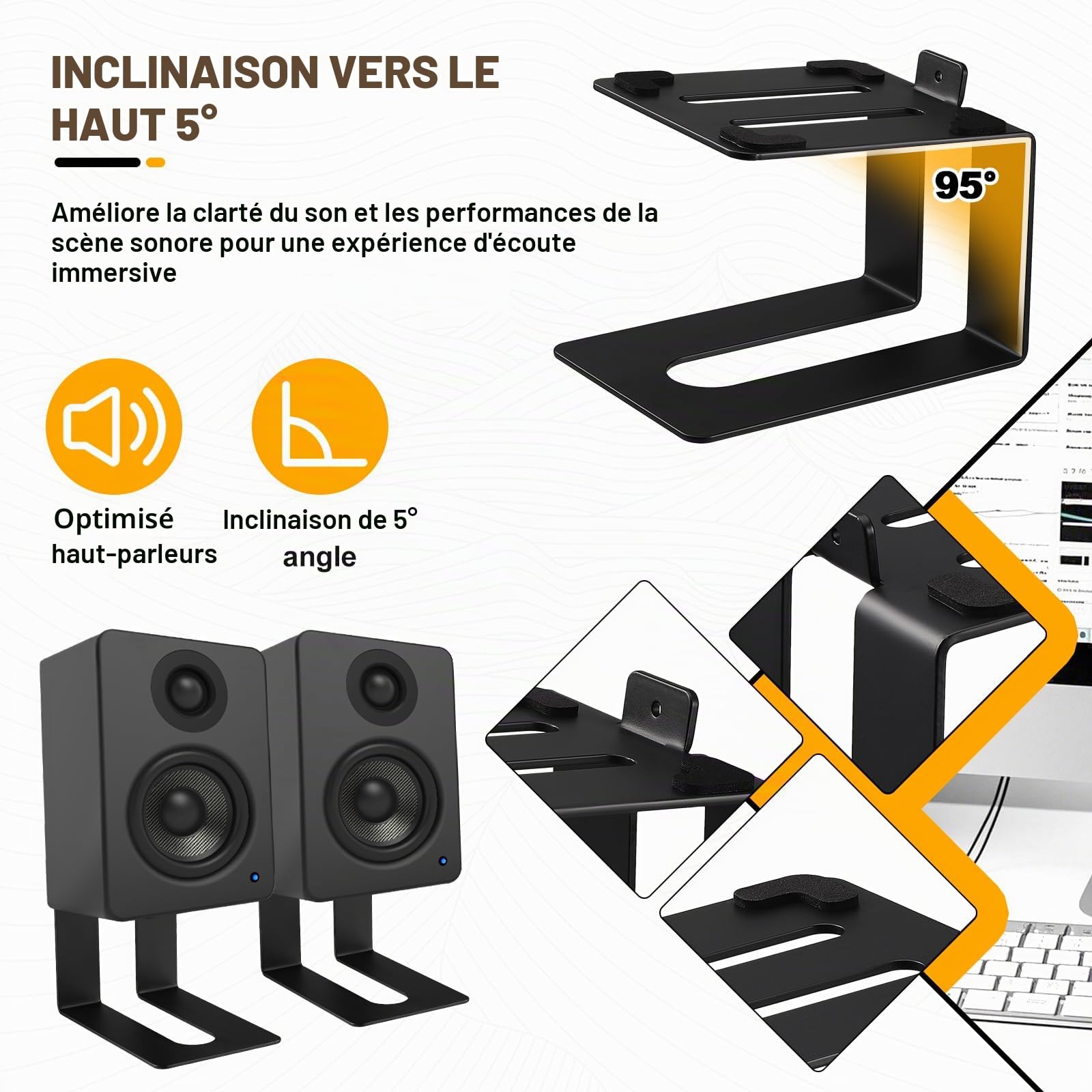 Coolty 1 paire de supports de haut-parleurs de bureau universels en métal avec coussinets absorbant les chocs, design inclinable, capacité de charge de 15 kg (noir)