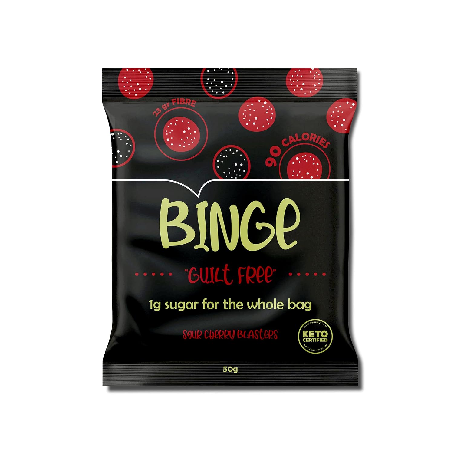 BINGE Low Sugar Sour Cherry Blasters Candy - Low Calories, Low Carbs, Low Sugar - Keto Snack - 1g sugar per bag - Box of 6 (50g bags)