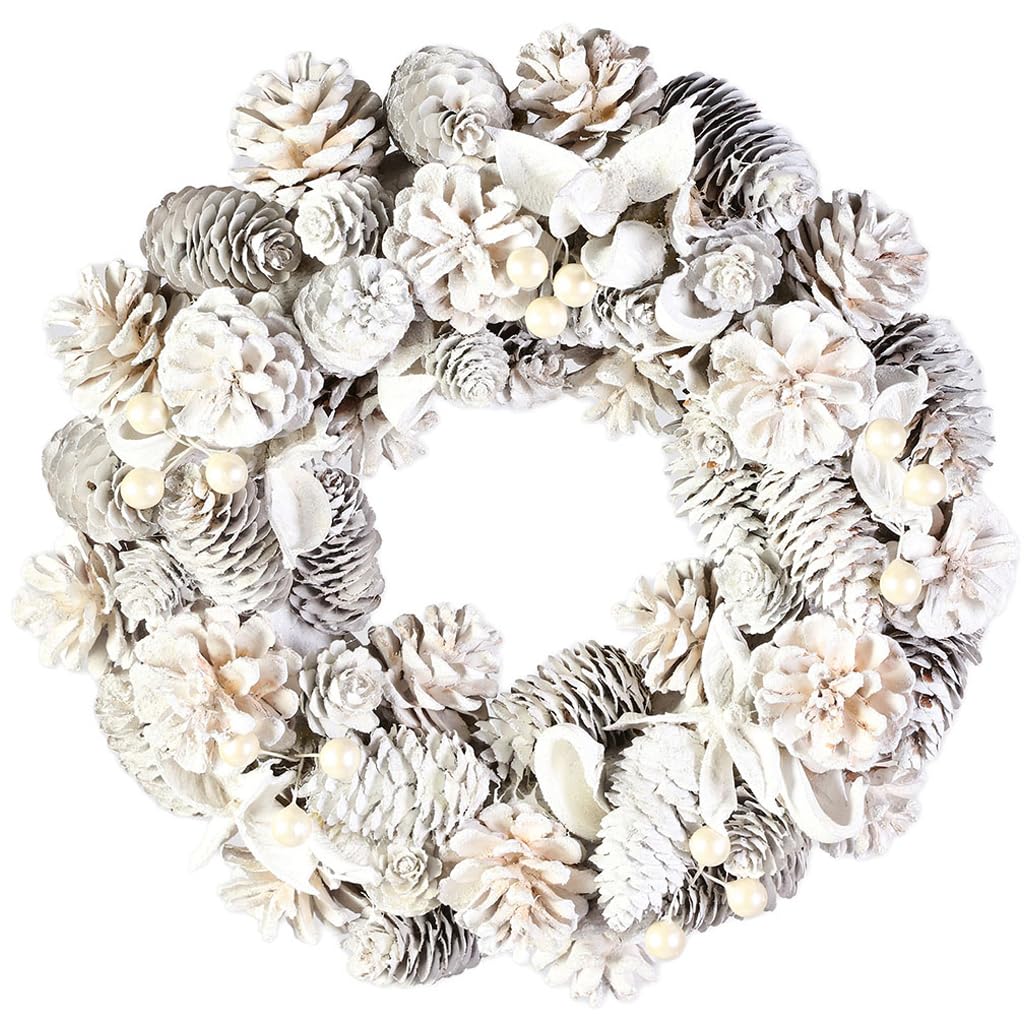 Dibor White 12" Christmas Wreath Festive Pine Cone Hanging Door Winter Wreath Garland Decoration (Bm22)