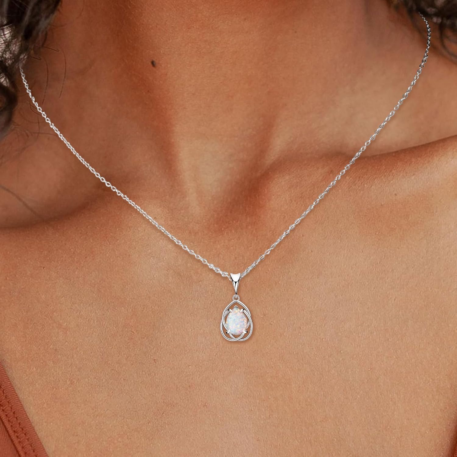 YUNKAI Opal Necklaces for Women Sterling Silver, Pear/Round/Oval Created-Opal Pendants, Dainty Vintage Necklace Fine Jewelry Gift for Birthdays Anniversaries, October Birthstone Pendant - Image 3