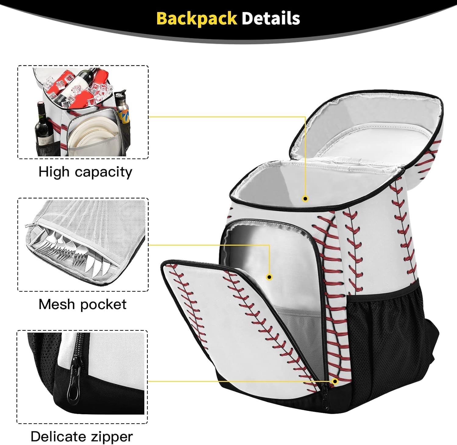 xigua Sport Stripe Baseball Cooler Backpack Leakproof Large Capacity Insulated Backpack Cooler Bag Lunch Bag for Work/Hiking/Camping/Beach/Fishing